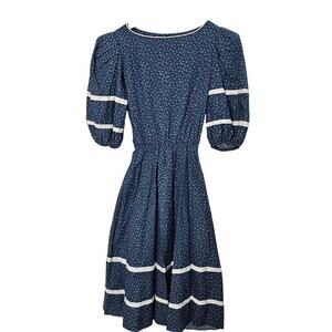 Vintage 70s Prairie Dress Women Sz 5 Blue Floral Cottagecore Puff Slve Coquette